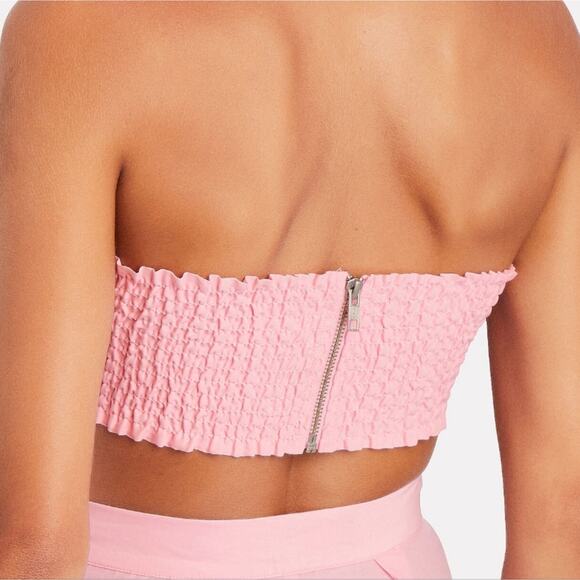 Ronny Kobo Mayah Crop Top Petal Pink Linen Bandeau Knot Smocked Resort S Revolve - Picture 6 of 12